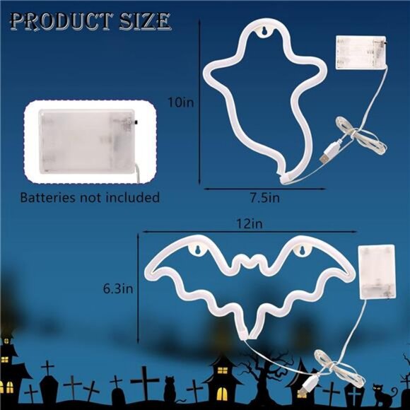 2 Pack Halloween Decoration LEDs Neon Sign Light Ghost Neon Sign Bat Lights - Picture 3 of 8